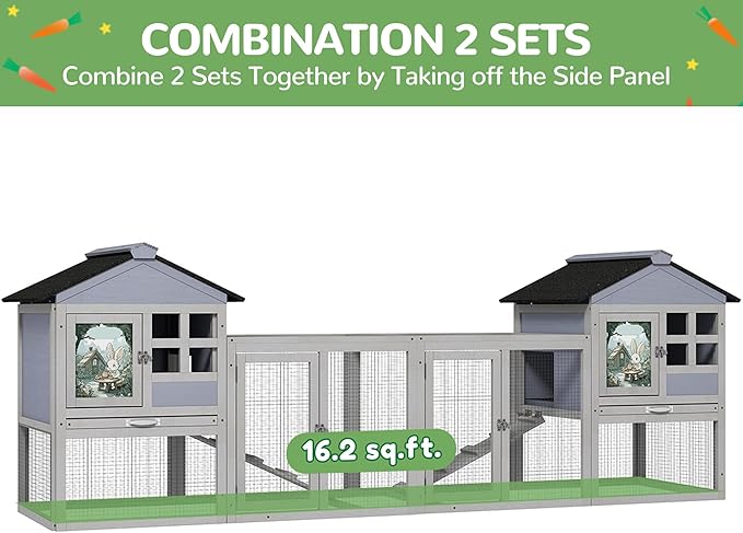 48" L Large Rabbit Hutch Outdoor Indoor, Expandable 2-Story Wooden Bunny Cage with Run, Removale Tray, 3 Entrances, Grey + Colorful Pattern