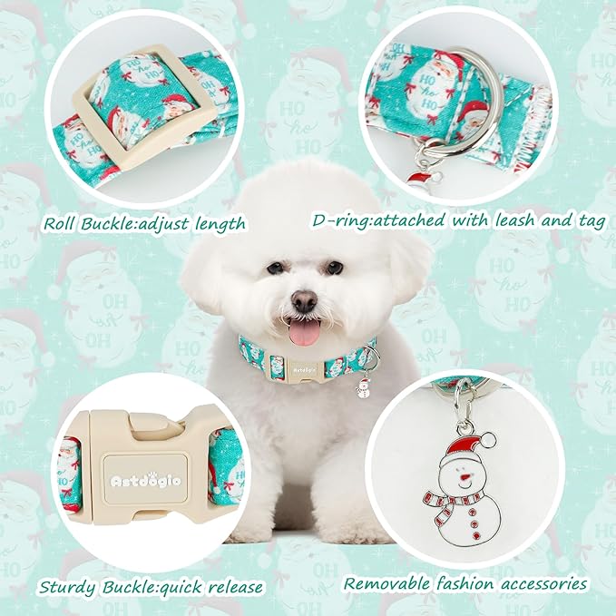 Christmas Dog Collar，Soft Cotton Dog Collars for Medium Dogs, Dog Christmas Collar with Santa for Small Medium Large Dogs, Adjustable Green Collars Perfect for Girl or Boy Dog Collars-M