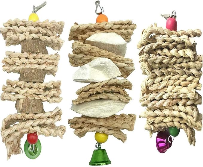 Hamiledyi Parrot Toys Chewing Bird Toy Cuttle Bone Beak Grinding Cage Hanging Bell Toys for African Greys Amazon Conure Eclectus Budgies Parakeet Cockatiel Hamster Chinchilla Rabbit 3 Pack