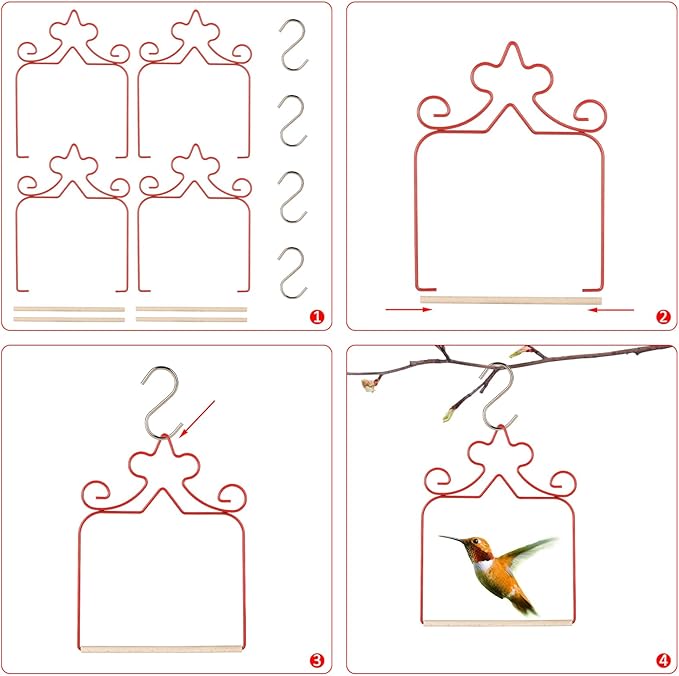 Hummingbird Swings 4 Pack, Rust Resistant Metal Frame, Red Hummingbird Perches with Wooden Dowel,Perfect for Hanging Outdoor Trunk Lawn Patio Garden Yard Porch