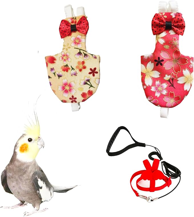 UKJENT Bird Diaper with 78 Inch Flying Leash - 2 Pack, Reusable Flight Suit with Waterproof Inner Layer, Washable Cute Urine Wet Suit for Cockatiel Monk Parakeet Sun Parakeet Lory(S)