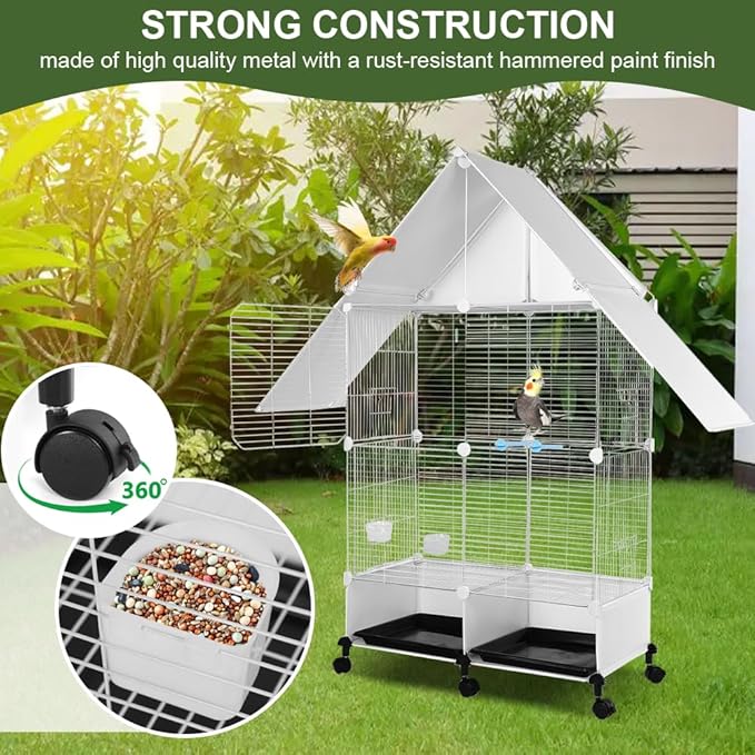 House Shape Bird Cage with Rolling Stand - Large 2 Tier Iron Bird Cage with Lock, Spacious Flight Habitat for Parakeets & Cockatiels, Easy Mobility Safe Home for Small Birds