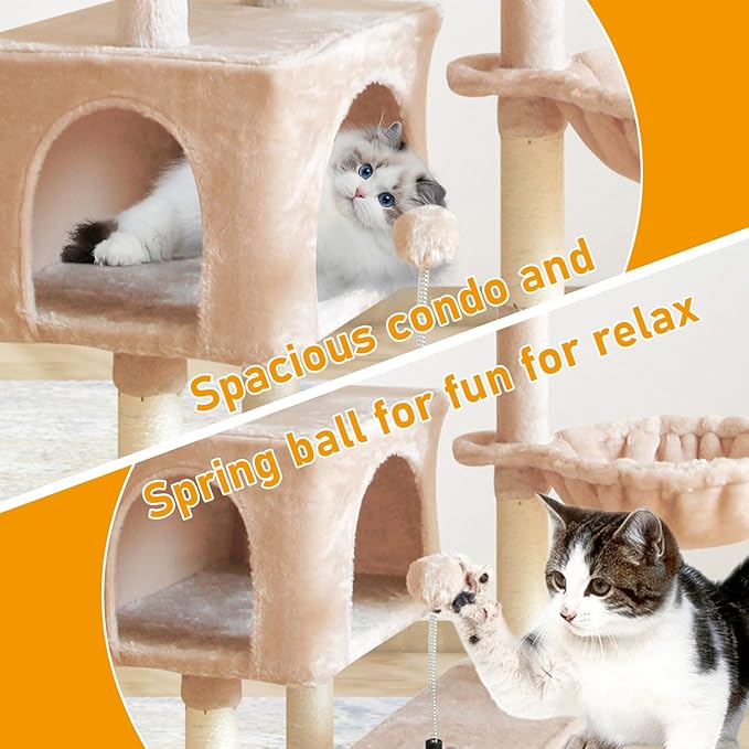 KIYUMI Cat Tree Cat Tower Condo with Sisal Scratching Post for Indoor Cats Cat Tree Cat Furniture with Hammock Perch and Kitten Ball Toys, Multi-Level Pet Activity Center Beige