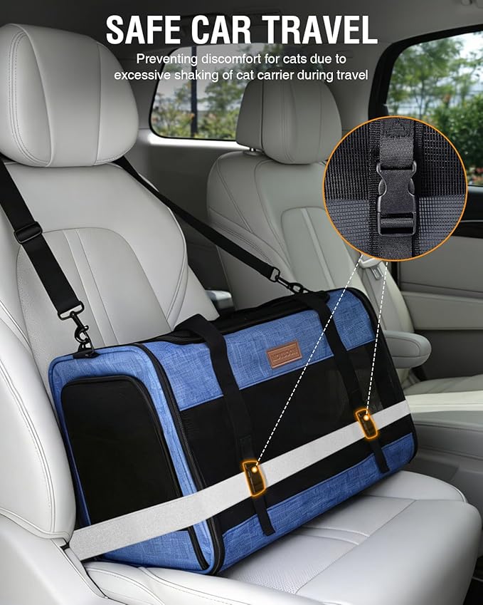 PETUX Large Pet Carrier for Large Cats ＆ Small Dogs - Up to 20Lb, Top and Side Entry, 4 Side Breathable, Foldable Soft Cat Travel Carrier with Safety Car Seat Buckle and Anti-Scratch Mesh - Blue