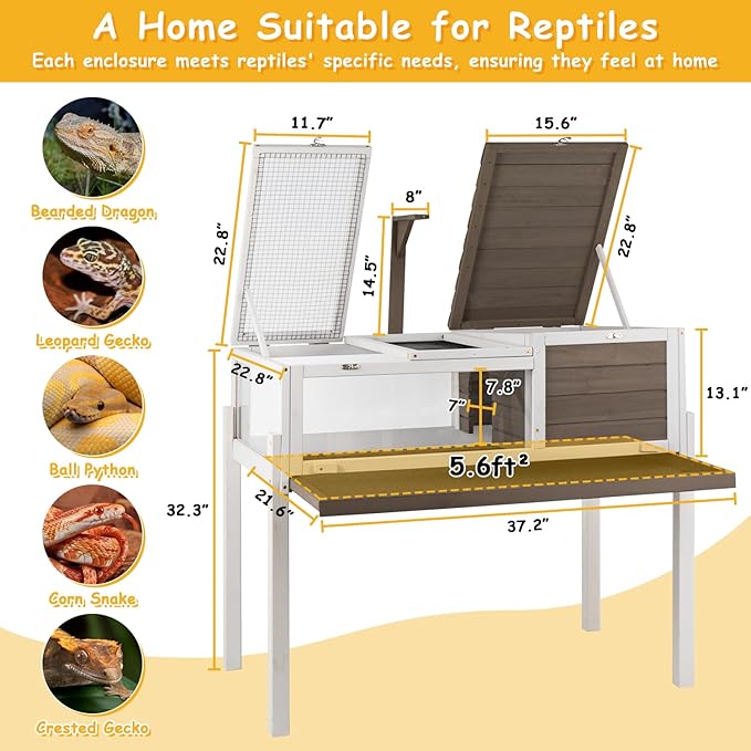PetsCosset Tortoise Habitat Wooden Tortoise House, Indoor Turtle Enclosure Outdoor Reptile Cage with Removable Bottom, Light Support, Openable Roof (Tall Tortoise Habitat, Leakproof Tray)