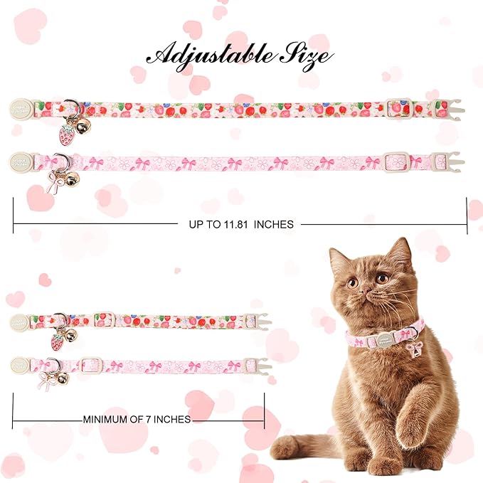 Unique Style Paws Pink Flower Kitten Collars,Cute Pink Bow Cats Collar with Bell,Kitten Collar Breakaway Buckle with Heart Pattern,Adjustable Flower Cat Collars,Ideal Gift for Boy Girl Cats