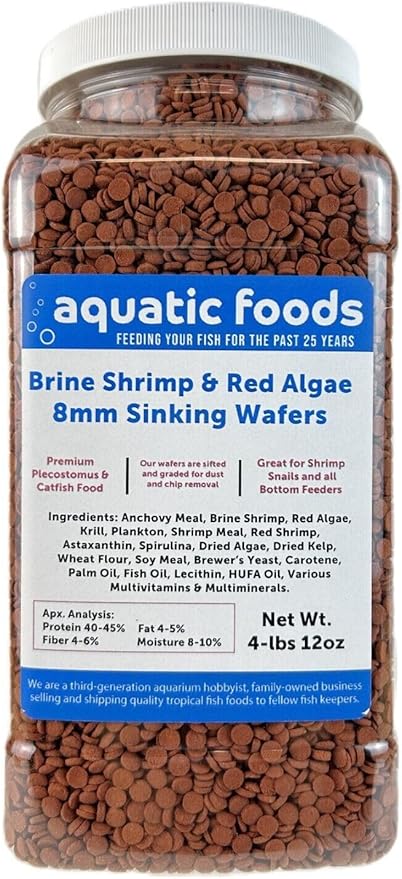 Aquatic Foods Inc. 8mm - 1/3" Brine Shrimp & Red Algae Color Enhancing Sinking Wafers for Shrimp, Snails, Crabs, Plecos, Catfish. Bottom and All Tropical Fish...WL 4-lbs 12oz Lg Jar