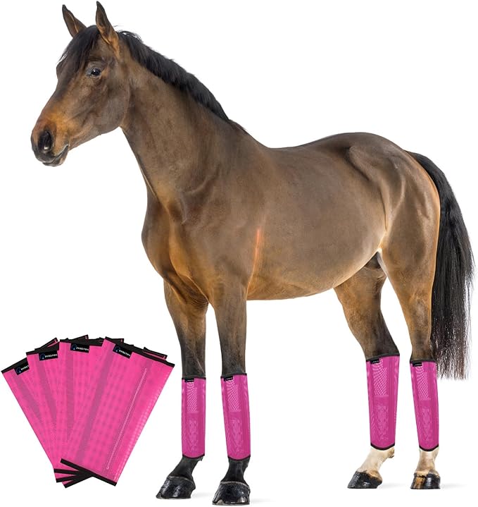 FOXLVDA Horse Fly Boots - Fly Boots for Horses Set of 4, Comfortable Horse Leggings, Mesh Material Design with Metal Support Bars for Reduces Stomping & Leg Fatigue (Pink, Large)