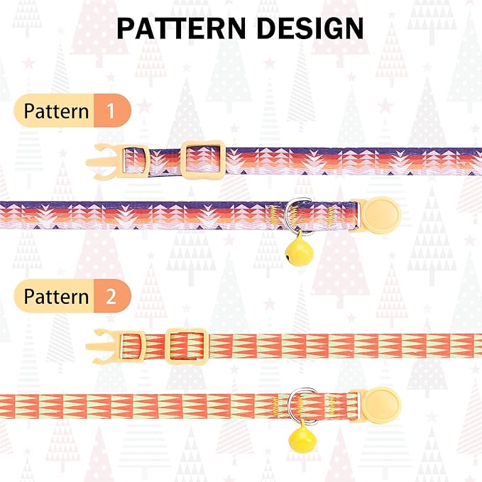 Breakaway Cat Collars for Girl Boy Cats, Spring Summer All Weather Cat Collar Personalized Pattern 2 Pack,Cute Classic Safety Buckles and Bells,Adjustable Printed Nylon Colorful Kitten Collar