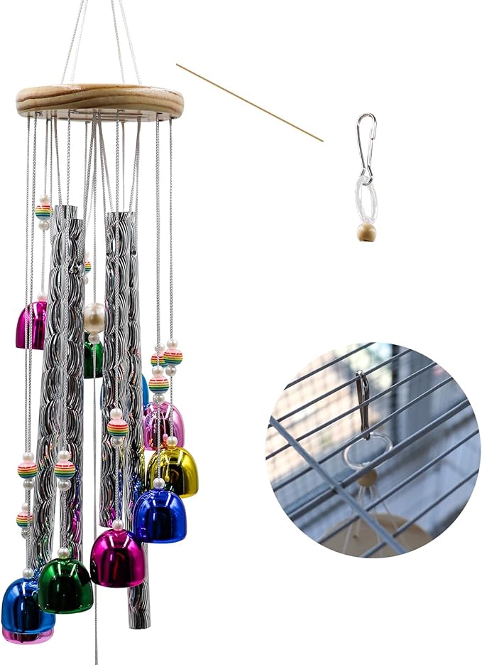 Parakeet Toys with Colorful Bells and Shining Sticks, Bird Cage Accessories Wind Chimes for Chewing, Chew Toys for African Grey, Budgies, Cockatiels, Lovebirds, Conures, Quakers, Small to Medium Birds