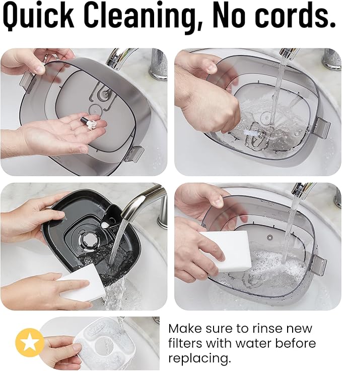 Veken Cat Water Fountain with Detachable Tank & Secure Clips, 6 Filters & Sponges, Easy to Clean & Assemble, 84oz/2.5L Quiet Pet Drinking Dispenser with LED Light for Cats, Dogs and Small Pets, Black