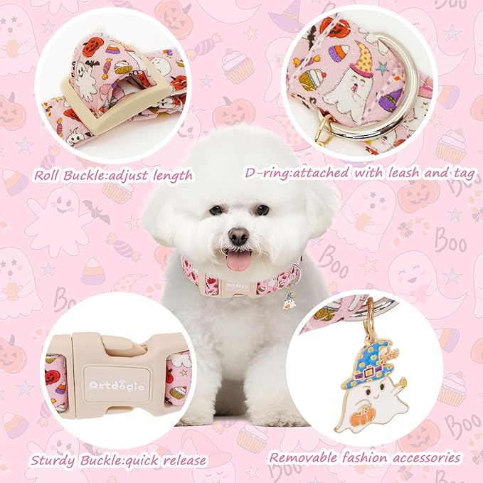 Halloween Dog Collar, Fall Dog Collars for Small Dogs, Cute Pink Puppy Collar with Adorable Ghost & Pumpkin Design, Soft Cotton Small Dog Collars Girl Boy Dog Collar-S