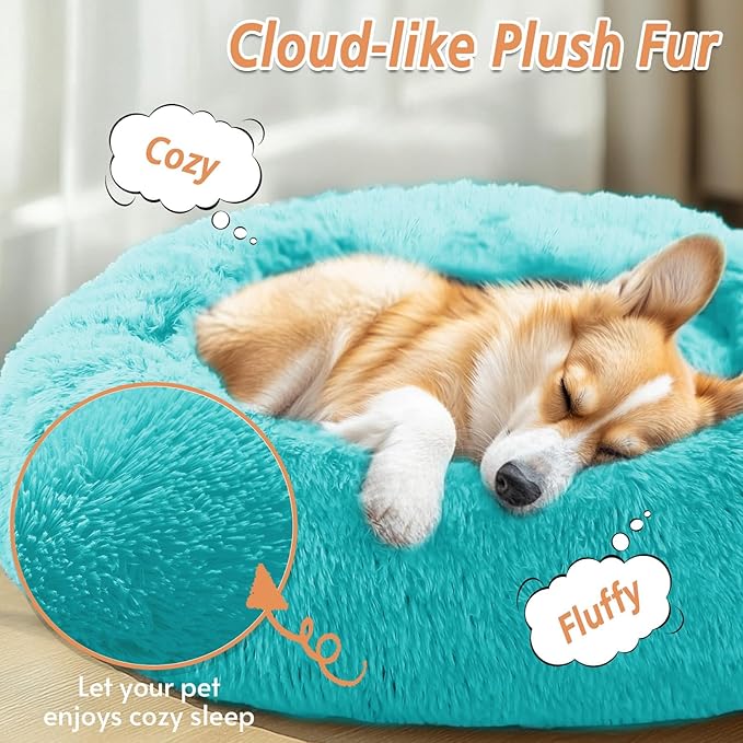 JOLLYVOGUE Calming Dog & Cat Bed for Small Dogs, Anti-Anxiety Donut Cuddler Cozy Soft Round Bed with Anti-Slip Bottom, Fluffy Faux Fur Plush Cushion Beds for Small Medium Dogs (27")