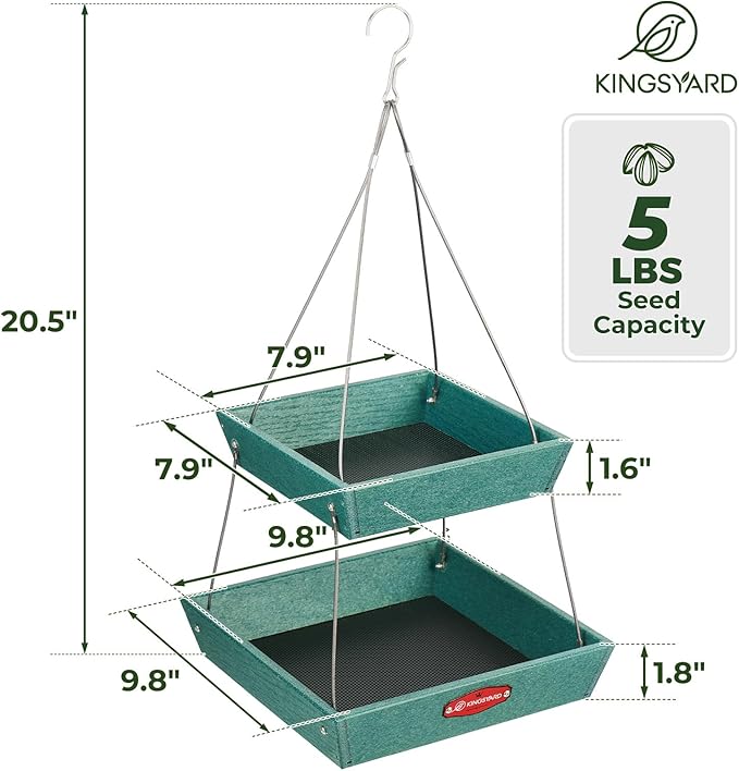 Kingsyard 2 Tier Large Platform Bird Feeders for Outdoors Hanging, 5 lbs Capacity Recycled Plastic Flat Mealworm Bird Feeder Tray, Garden Decoration Attracting Cardinal Blue Jay, Green