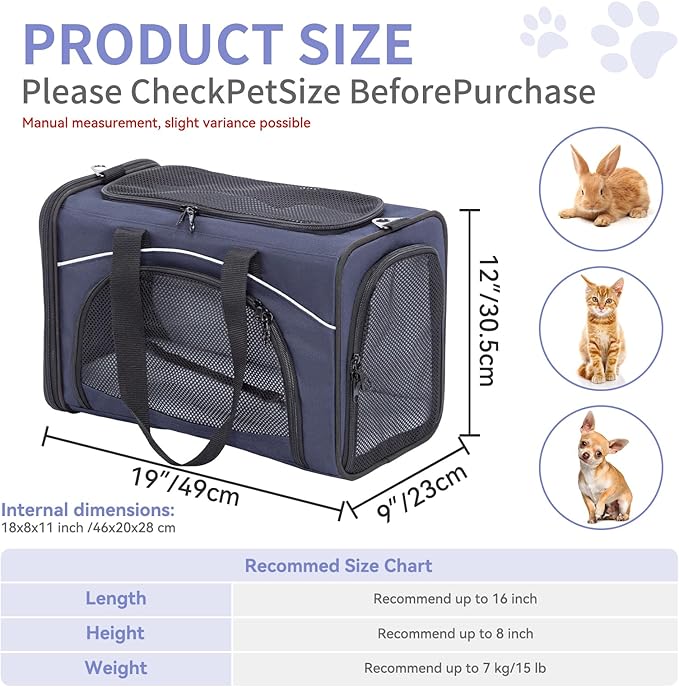 Petsfit Airline Approved Pet Carrier for Small Dogs & Cats, 19x9x12 TSA Approved Carrier, with Removable Dual-Sided Padding (2-Way Placement) - Fits Under Most Airplane Seats, Escape Proof (Navy)