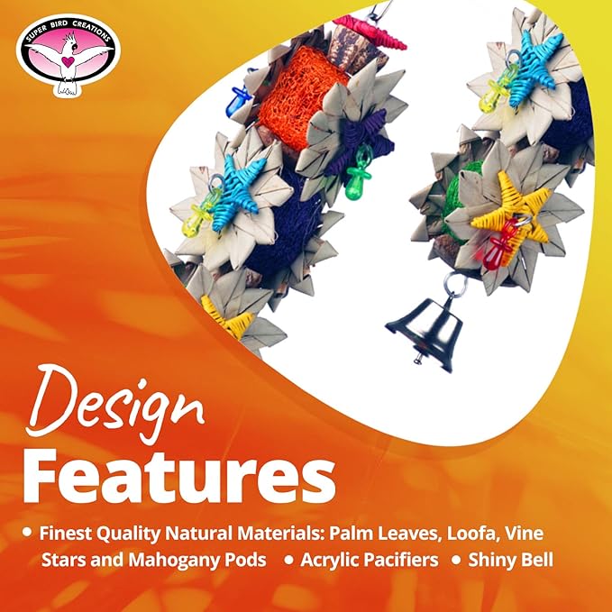 Super Bird Creations SB1098 Palm Star Bird Toy for Parrots, Ringnecks, Medium Conures, Quakers, Pionus, Senegal - Leaves, Colorful loofa, Mahogany Pods Vine Stars - Medium Bird Size, 13" x 3.5" x 3.5"