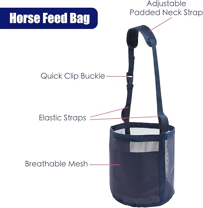 Horse Feed Bag for Grain - Heavy Duty Mesh Horse Feeder with Adjustable Strap,Comfort Neck Pad,Nose Pad Horse Muzzle Feed Bag(Medium,Pink)