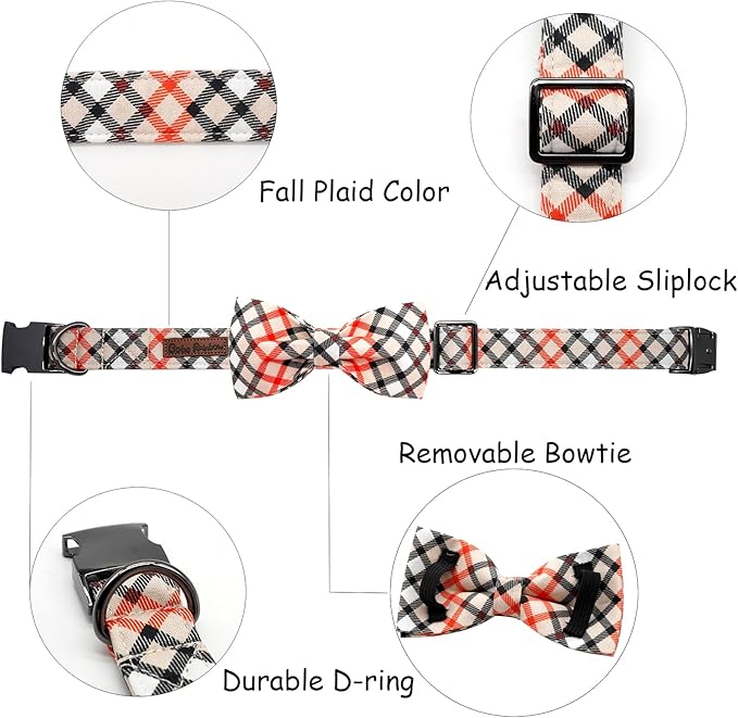 Dog Collar, Bow Dog Collar Beige Plaid Pet Collar Cute Pet Bow Soft Girl or Boy Puppy Collars with Metal Buckle Adjustable Collars for X-Small Dogs
