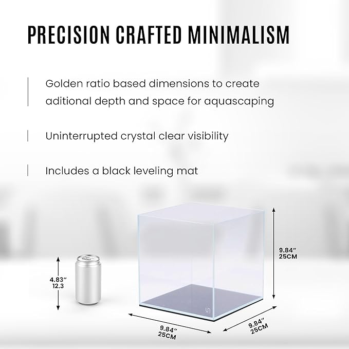 Ultum Nature Systems Ultra Clear Rimless Aquarium - Low Iron Glass Fish Tank with 45° Mitered Edges, 5mm-12mm Thick, Leveling Mat Included (25C, Cube, 4 Gallon)