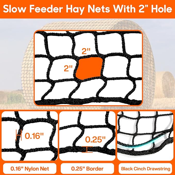 5 x 5 ft Round Bale Hay Net for Horses, with 20 Ropes, Netting Comb, Cable Tie,Large Slow Feed Hay Net， 2" Hole Size， Reduces Hay Waste， for Horses, Goats, Cattle and Livestock