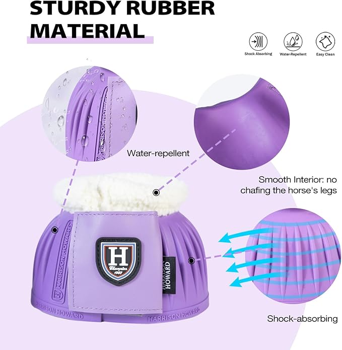 Harrison Howard Rubber Pull-on Bell Boots with Fleece Lining and Extra-Large Leather Touch-Close Tape Hoof Overreach Protection for Horses Sold in Pairs Violet XL