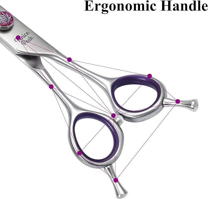 Fenice Peak 7'' Dog Grooming Scissors Set 4PCS Straight Curved Thinning Chunker Shears with Purple Finger Rings and Flashing Screw 440C Stainless Steel Natural Color Trimming Shears Durable and Sharp