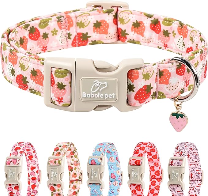 Strawberry Dog Collar for Small Dogs - Cute Spring Pink Dog Collars, Summer Pastel Puppy Collars, Soft Adjustable Boy Girl Dogs Collar with Quick-Release Buckle XS