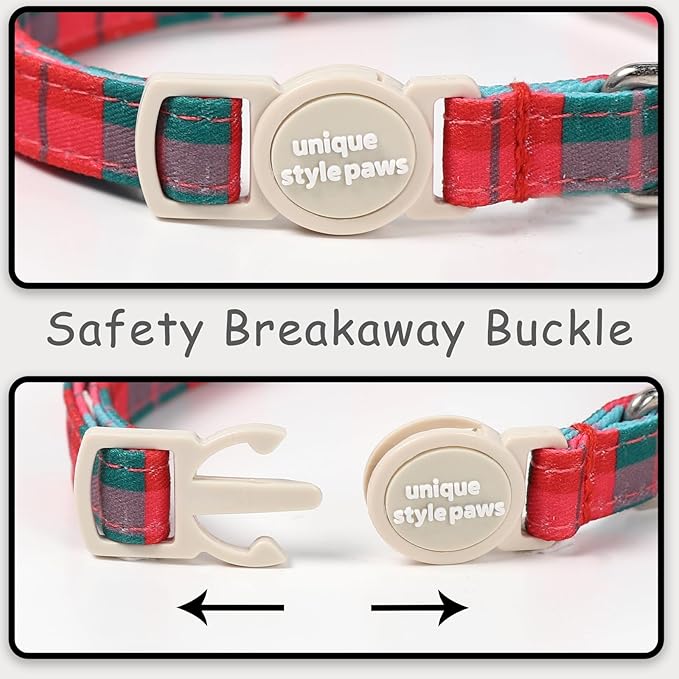 Unique style paws 2 Pack Christmas Kitten Collar Breakaway with Bell&Pendant, Adjustable Safety Red Green Scottish Plaid Cat Cotton Collar for Girl Boy Cat and Small Pet