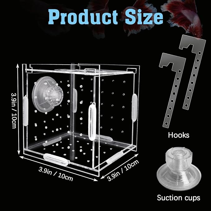 Hamiledyi Acrylic Breeding Isolation Box - Transparent Aquarium Hatchery for Guppy/Shrimp/Small Fish, Safe Nursery Tank with Air Tube & Suction Cups (3.9" × 3.9" × 3.9")