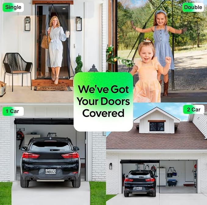 UnBugs Garage Screen Doors for 1 Car Garage - Fits Single Garage Doors up to 8 Feet Wide x 7 Feet Tall MAX - Pet & Kid Friendly, Self-Closing - Hands Free Magnet Closure Keeps Bugs Out & Breeze in