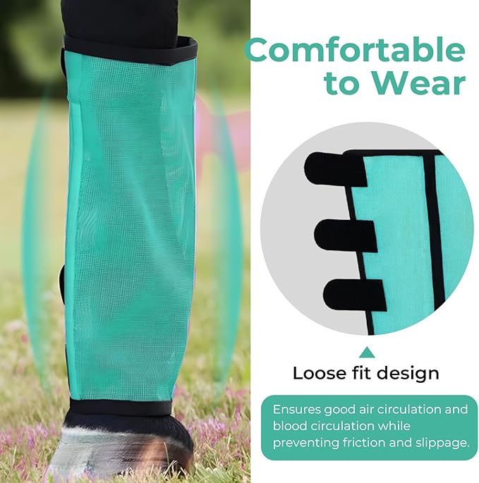 Mesh Horse Fly Boots Set of 4，Adjustable and Universal Loose Fitting & Non-Slip Horse Fly Leggings for Horses,Reduce Stressful Stomping (Green)