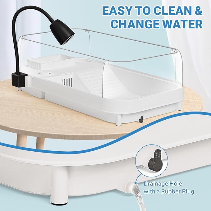 Large Turtle Tank Kit (Tank + Lamp + Filter), Acrylic Turtle Tank Starter Kit, Tank Aquarium with Heightened and Curved Fences, Bottom Drainage, Multi-Function Areas (Black Lamp)