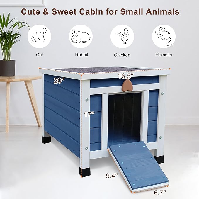 Rockever Outdoor Cat House,Outdoor cat Houses for Feral Cats Weatherproof Rabbit Hutch Small, Wooden Small Pet House and Habitats-Blue