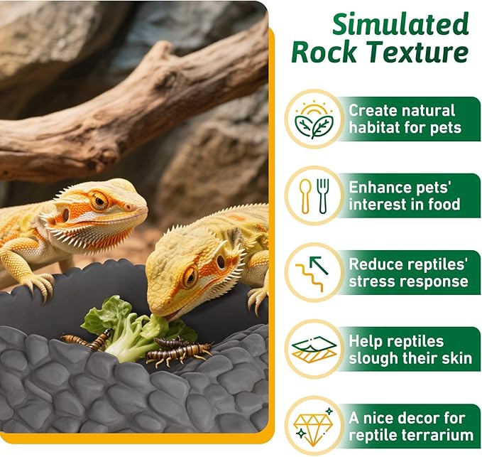 Reptile Water Dish Large Bearded Dragon Food Bowl, Rock Corner Water Dish for Reptiles Snake Water Bowl Feeding for Leopard Gecko Tortoise Lizard Tank Accessories, Terrarium Reptile Pool with Ramp