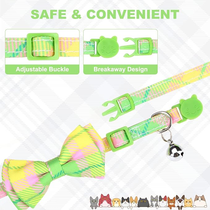 Breakaway Cat Collars with Bell & Cute Pendants - 3 Pack Adjustable Safety Kitten Collars - Decoration for Girl Boy Cats Puppy and Small Pets (Style C - Green Plaid)