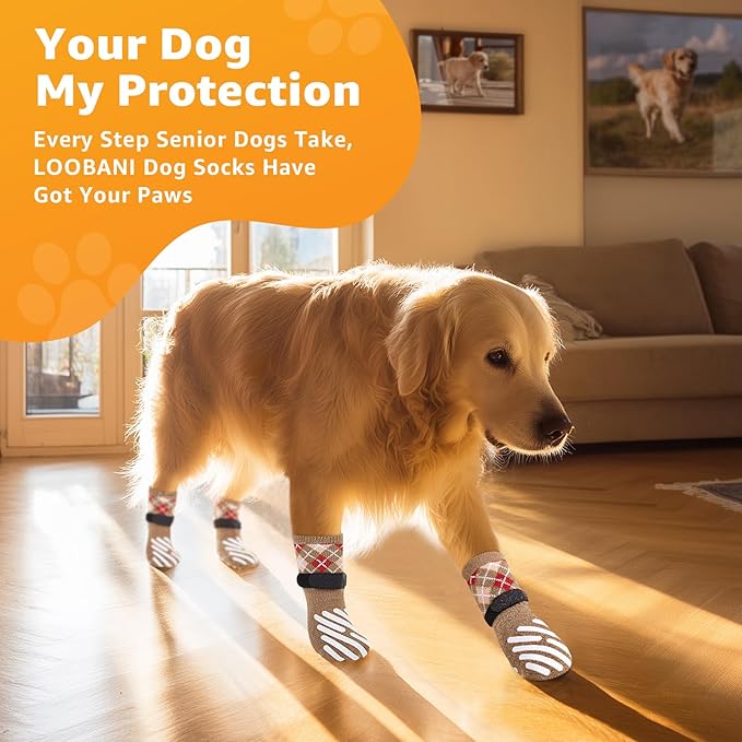 LOOBANI Dog Socks to Prevent Licking Paws - Dog Socks for Hardwood Floors Anti Slip for Traction Control - Dog Grippy Socks for Senior Dog Small Medium Large Dogs on Tile Floors, Caramel L