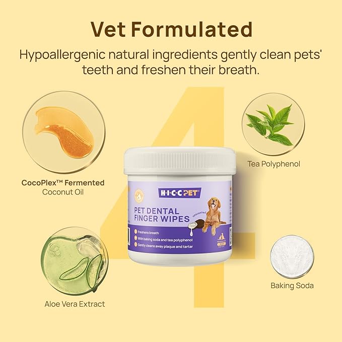 HICC Pet Teeth Cleaning Wipes for Dogs & Cats, Vet-Recommended Remove Bad Breath & Plaque & Tartar Buildup Dog Finger Toothbrush Wipes, Dog Tooth Brushing Kit Remove Stain & Gum Care for Small Animal