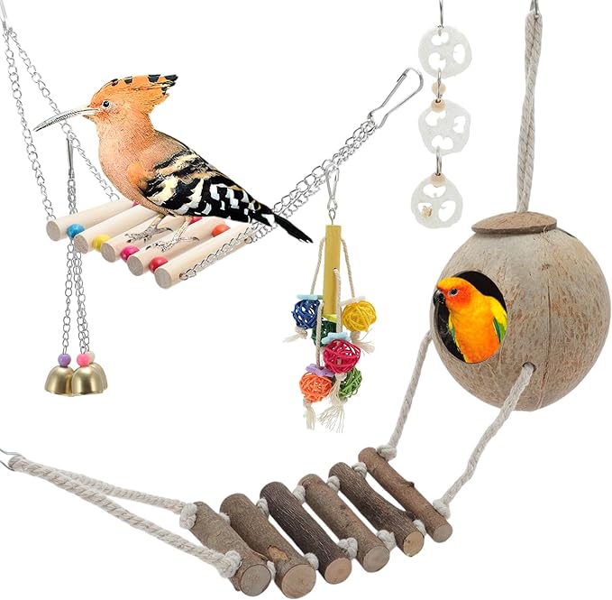 Cockatiel Toys, Bird Toys, 6 Pcs Multifunctional Natural Coconut Hideaway with Ladder Swing Hanging Bell Toy, Parrot Toys, Bird Cage Accessories
