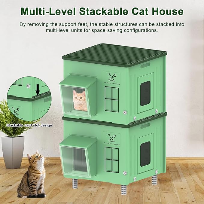 Tepoal Plastic Heated Cat House for Outside Winter, 100% Weatherproof & Insulated Outdoor Feral Cat Shelter with Safety Escape Door, Stackable Cat House with Heater for Barn Cat, Green 17.7"x17"x17.5"