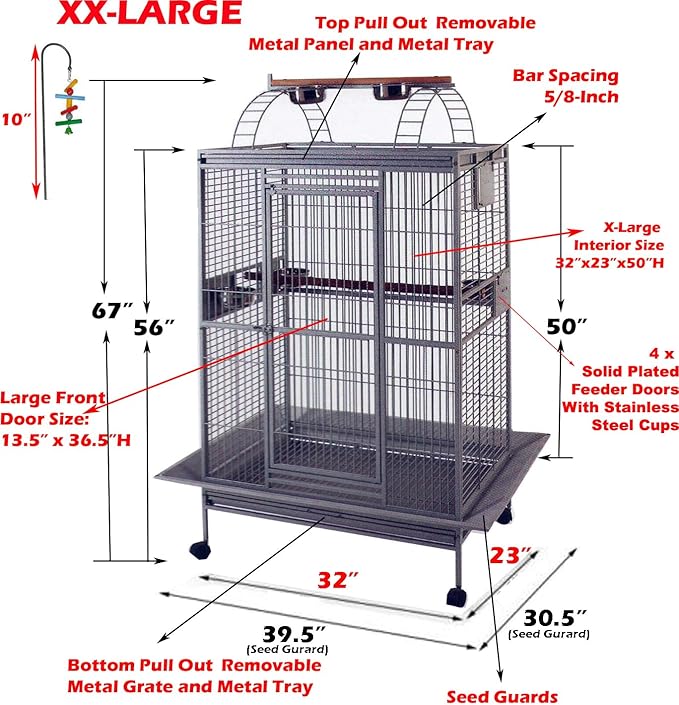 Castle PlayTop Parrot Cage - 32" W x 23" L x 66" H for Large Macaws Cockatoos African Grey Amazon (32" W x 23" L x 66" H, White Vein)