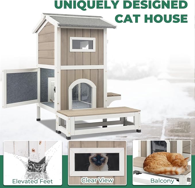Insulated Cat House, Wood Two Story Outdoor Cat House Weatherproof with Cat Scratching Cloth, 4 Doors, Balcony, Jumping Platforms, Outside Clawsable Feral Cats Shelter for Small Animals, Grey