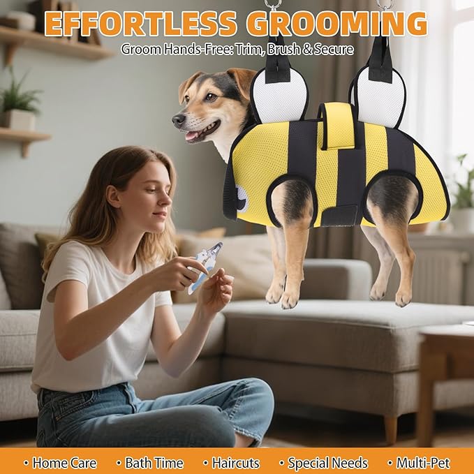 Dog Grooming Hammock for Small Dogs Cats, Cute Bee Design Dog Hanging Harness for Nail Trimming/Clipping, Pet Sling with Grooming Kit and Thick Neck Support & Strap Restraint Claw Care, XS
