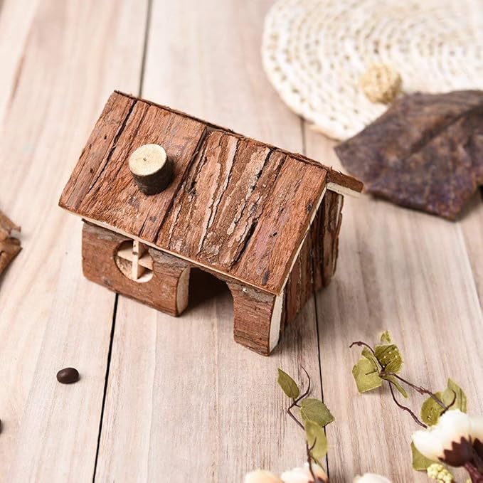 Hypeety Natural Wooden Hamster House Cage Small Animals House with Chimney for Pet Rats Gerbil Hideout Play House (M)