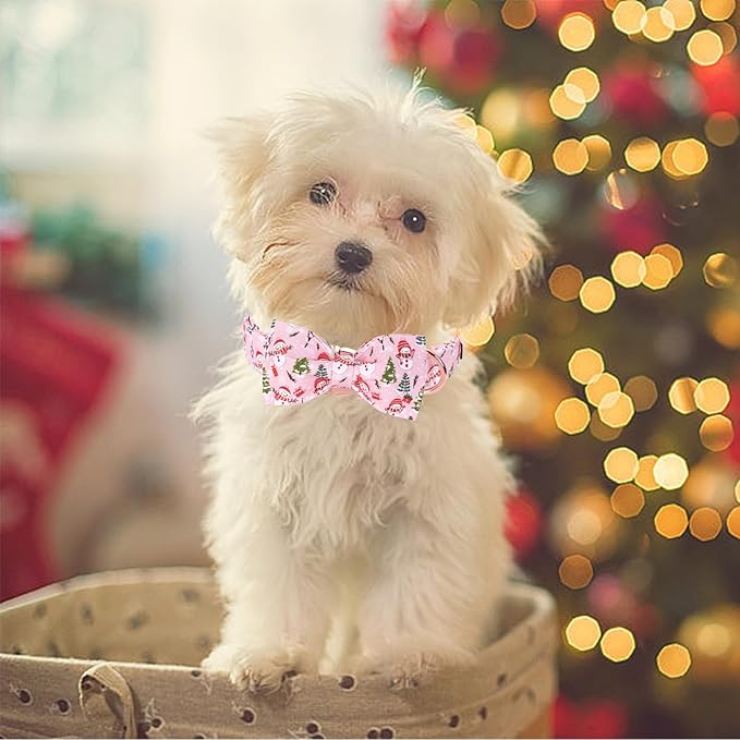 Christmas Dog Collar, Christmas Tree and Snowman Print Cute Winter Holiday Collars Cotton Adjustable Comfortable Pink Dog Collar with Bow,Stylish Collars for Medium Girl Dogs