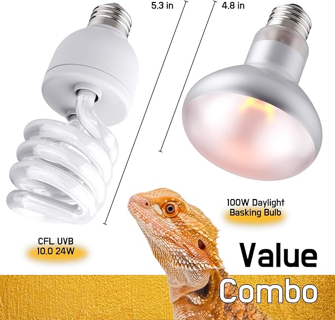 Reptile 100W Basking Spot Bulb & 10.0 24W UVA UVB Bulb Combo – Dual Pack Heat Lamp Bulbs for Reptiles & Amphibians, Heat Lamp for Bearded Dragons, Turtles, Tortoises, Snake Tank Accessories