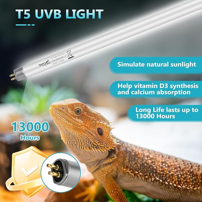 T5 UVB Reptile Light 39W 10.0 + UVA Light Bulb for Reptiles, 3-Pack Lamp Tube for Bearded Dragon, Desert-Grade Reptile UVB lamp Fixture