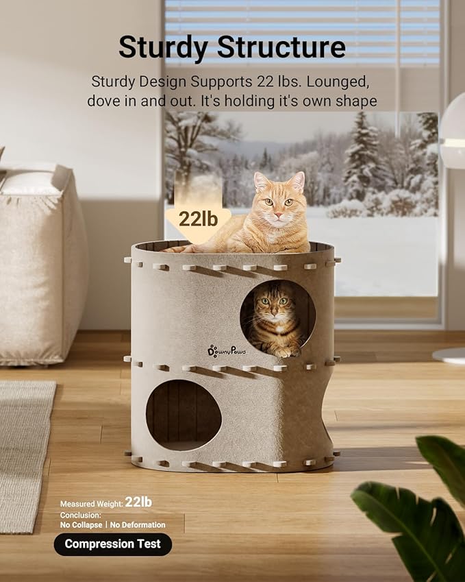 DownyPaws Cat House for Indoor Cats, 2-Storey Foldable Cat Bed Cave, Felt Cats Tunnel Bed Condo, Castle Kitten Cube Hideaway for Multicats, Scratch Resistant, Cream