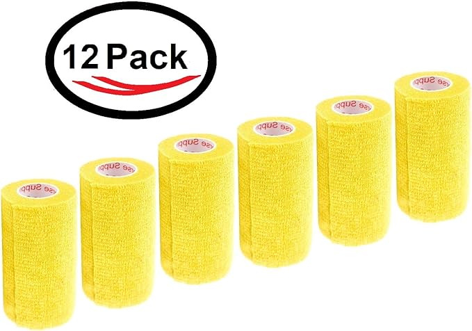 3 Inch Vet Wrap Tape Bulk (Yellow) (Pack of 12) Self Adhesive Adherent Adhering Flex Bandage Grip Roll for Dog Cat Pet Horse