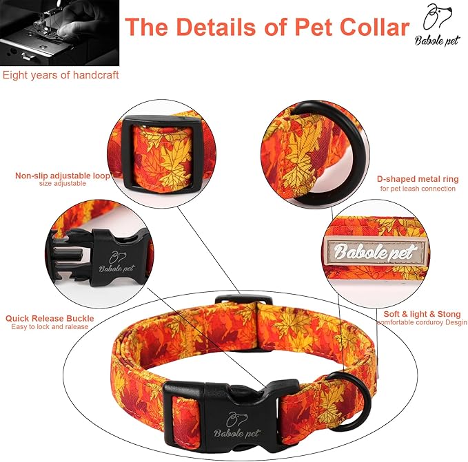 Fall Dog Collar, Gold Maple Leaves Pattern Fall Thansgiving Puppy Collar, Soft Adjustable Cotton Holiday Dog Collars for Small Medium Large Boy&Girl Dogs S