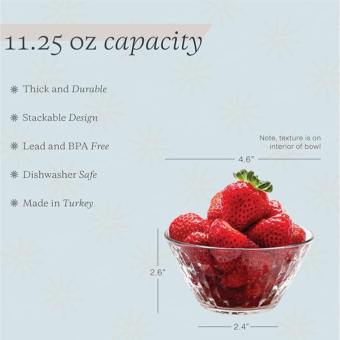 Vikko Glass Bowls - Set of 6, 7 Ounce Glass Dish for Dessert, Candy, Kitchen Prep, Dishwasher Safe